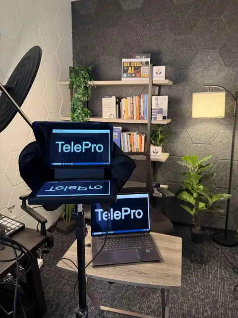 Professional teleprompter set up in the San Antonio podcast studio